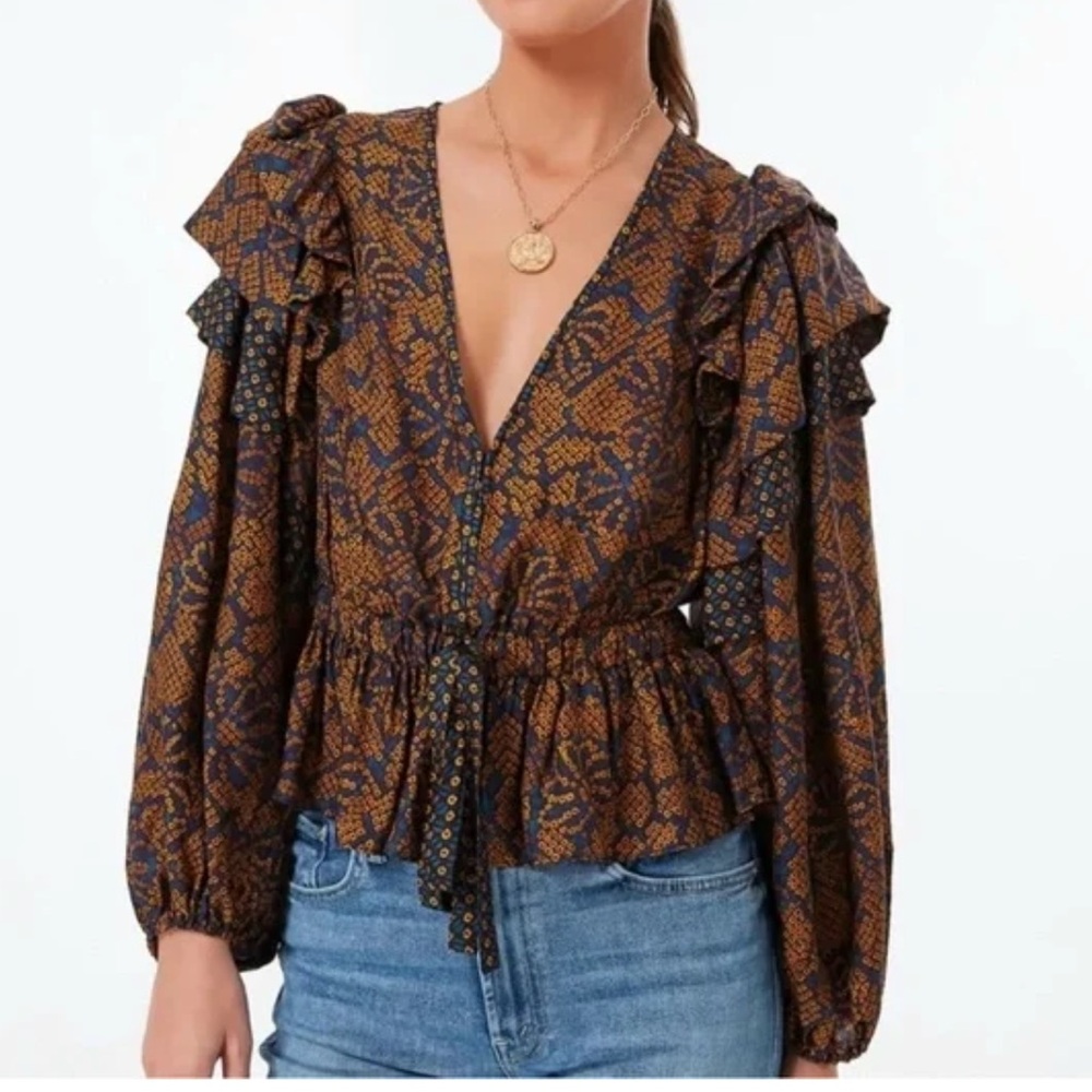 Ulla Johnson Brown and Blue Patterned Blouse. New condition
